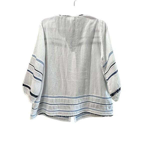 J. Jill Women's White Gauze Blue Pom Pom Tassel Button Semi-Sheer Blouse Size M - Picture 4 of 8